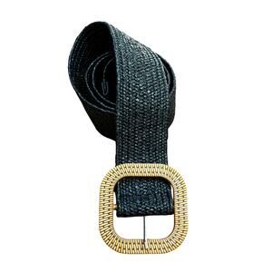 Black stretch belt with faux wicker buckle one size classic fashion accessory